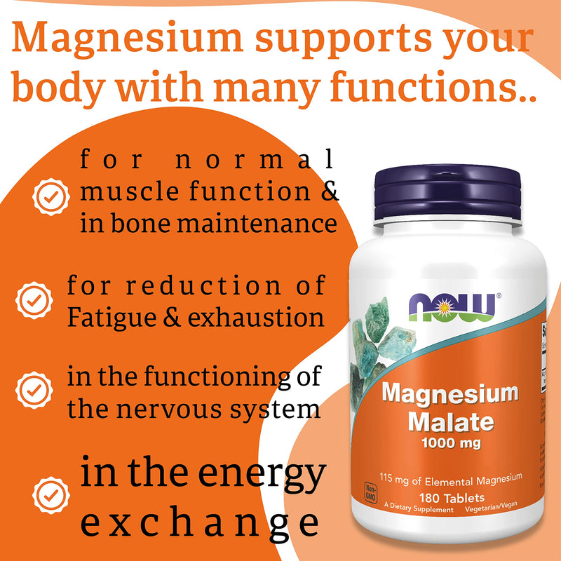 Now Foods, Magnesium Malate, 1,000mg, 180 Vegan Tablets, Lab-Tested, Gluten Free, Soy Free, Vegetarian
