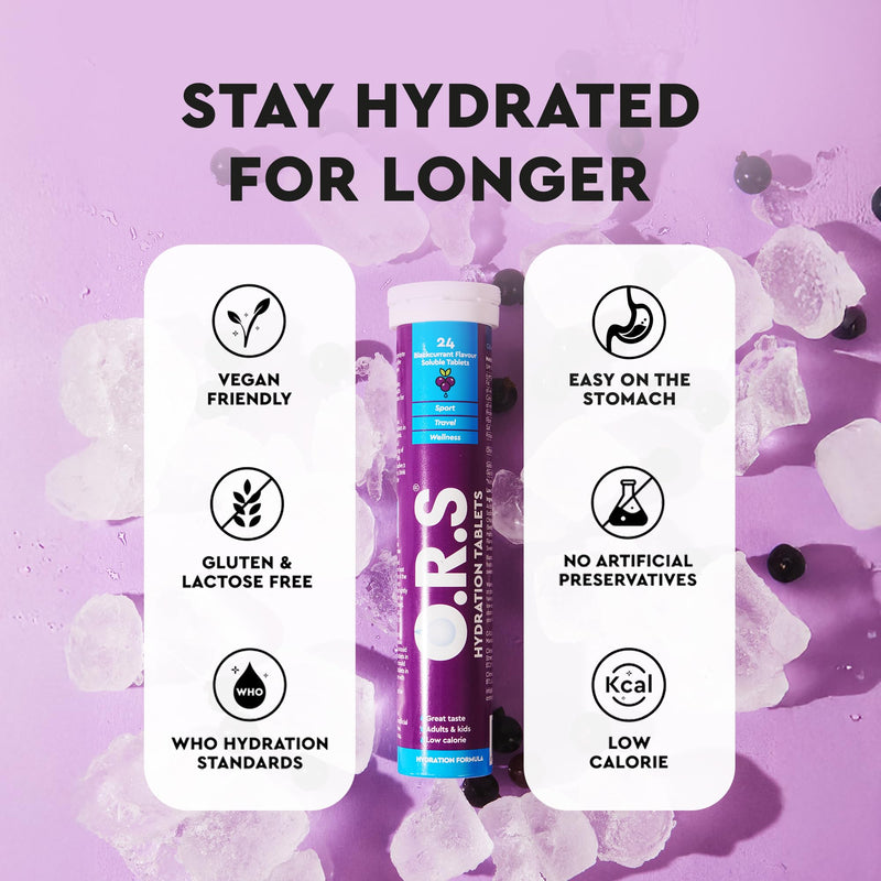 O.R.S Hydration Tablet with Electrolytes for Rehydration, Wellness, Travel, Sports & Recovery | Vegan, Gluten-Free & Low-Calorie Electrolyte Tablets with Natural Blackcurrant Flavour, 96 Tablets Blackcurrant (Hydration) 24 count (Pack of 4)