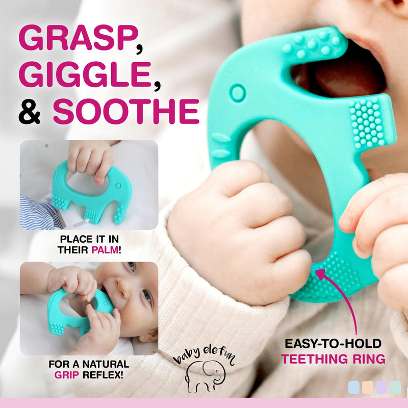 [Australia] - Teething Toys for Babies Age 0 to 12 Months - Baby Elefun 5X Pain Relief Smart Teether - Zero Developmental Delay Silicone Baby Teething Toy Ring - Cute Infant Shower Gift Chew Toy for Babies 0-6 Мonths 0-6 Turquoise 