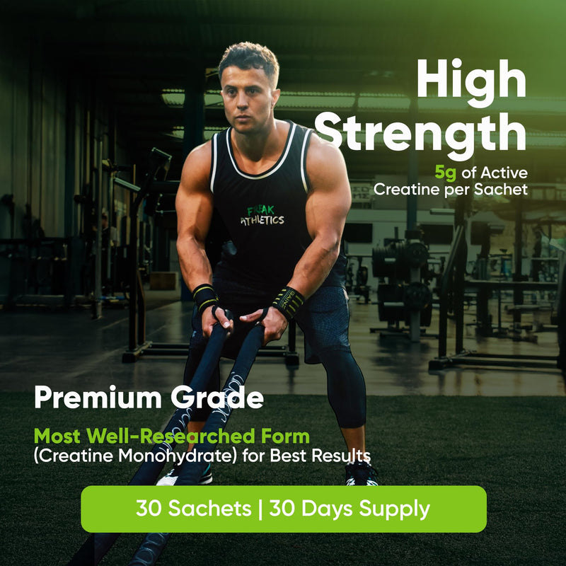 Freak Athletics Creatine Monohydrate Powder - (30 Sachets), 5g Unflavoured Creatine Powder, 100% Pure Micronised Creatine for Strength, Power & Muscle Performance, Easy to Mix, Lab Tested 30 Sachets