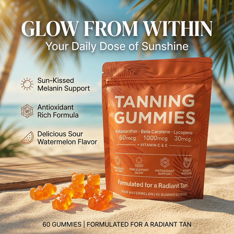 Tanning Gummies Fast Tan Without Sun, Antioxidant with Beta Carotene, Astaxanthin, Lycopene & Vitamins C&E, Sunbed Tanning Accelerator,Tanning Gummies for Sunless Glow, 60 Capsules(1 Bag)