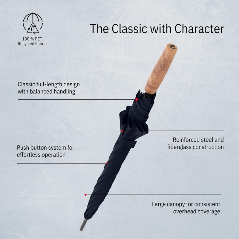 Knirps TIMBER Large Umbrella For Men & Women, Windproof Rain and Sun Protection On The Go Classic Walking Stick Style with Non Slip German Beechwood Handle, Full Coverage Water Resistant Canopy Navy