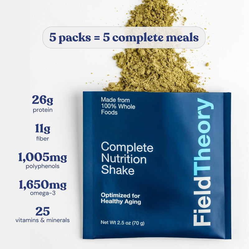 Field Theory Whole Food Nutrition Shake | Vanilla Bean & Nut | 26g Plant Protein, 11g Fiber, 25 Vitamins and Minerals from Whole Food Ingredients | Vegan, Gluten Free, Non-GMO | Pack of 5 Travel Size Packs (5 Individually Packed Servings)