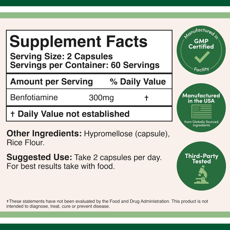 Benfotiamine 300mg Fat-Soluble B1, Nerve + Metabolic Support, 120 Capsules | Nerve + Metabolic Supplement, More Absorbable Than Thiamine, 150mg per Cap Split-Dose, Healthy Glucose Support 120 Count (Pack of 1)