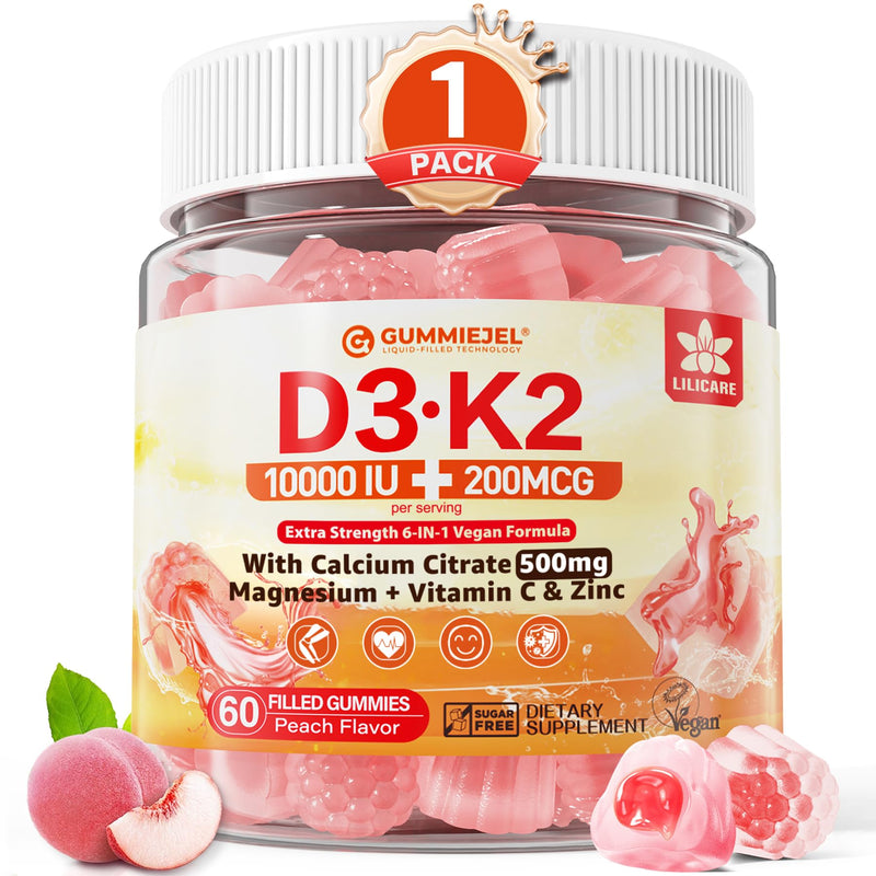 [Australia] - Vitamin D3 K2 Gummies 5000IU / 10,000 IU with 500mg Calcium + K2(MK-7) 200mcg, Magnesium, Vitamin C & Zinc, Extra Strength - Ultimate Absorbency for Bones, Muscles, Teeth, Vegan, 60 Count (Pack of 1) 60 Count (Pack of 1) 