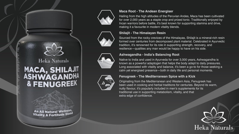 Heka Naturals Male Vitality Complex | 90 Capsules with Ashwagandha, Maca Root, Fenugreek & Shilajit, Botanical Extracts Traditionally Used to Support Wellbeing, Balance and Active Lifestyles