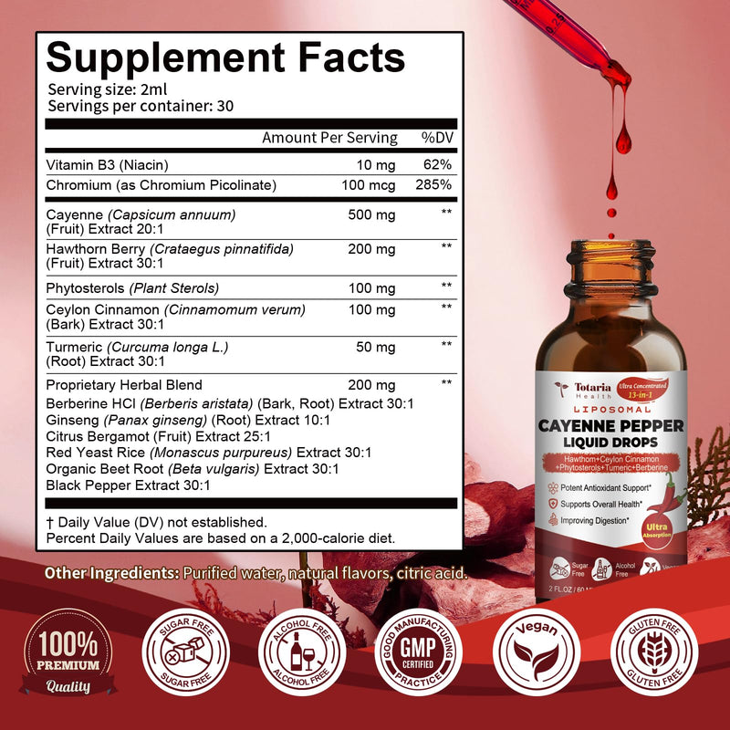 [Australia] - Cayenne Pepper Drops Liposomal Liquid Supplement, 13-in-1 Cayenne Pepper Drops with Beet Root, Vitamin B3, Hawthorn Berry, Panax Ginseng, Berberine, Ceylon Cinnamon, Turmeric Curcumin Extract 1 