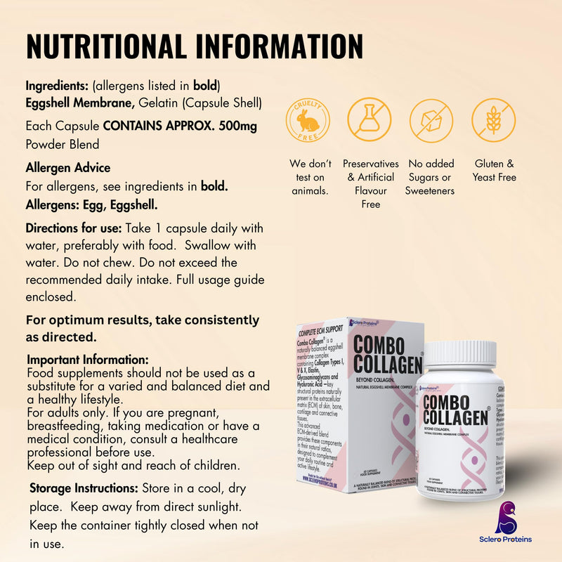 Combo Collagen® Premium Eggshell Membrane Collagen Capsules – Beauty from Within – Collagen Types I, V & X with Elastin & Glycosaminoglycans (GAGs) – 60 Capsules
