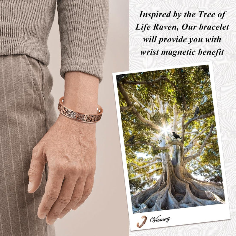 [Australia] - Vicmag Copper Bracelet for Men 9X Strength Magnetic 99% Pure Copper with 5000 Gauss Magnets, Tree of Life Present Box Adjustable Tree Raven Copper 