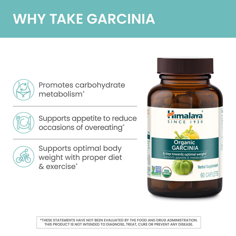 [Australia] - Himalaya Organic Garcinia Cambogia - Herbal Supplement Supporting Weight, Appetite Control, and Lipid Metabolism - Vegan, Non-GMO, Gluten Free, 600 mg, 60 Caplets 60 Count (Pack of 1) 