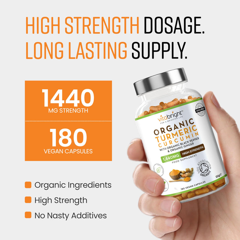 Turmeric and Black Pepper Capsules | 1440mg Dose | 180 Tablets | 3 Month Supply | 2 A Day | Herbal Supplements | High Strength Curcumin | VitaBright Organic Tumeric Supplement 180 count (Pack of 1)