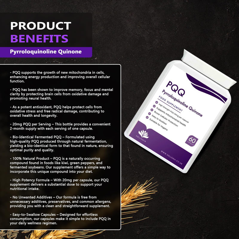 PQQ Supplement 20mg | Pure Pyrroloquinoline Quinone - High Strength | 60 Vegan PQQ Capsules | Energy, Brain, Cell Health, Mitochondria & Anti-Ageing Support | 2-Month Supply Made in the UK by Hellenia