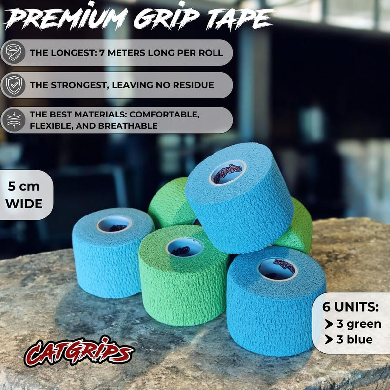CATGRIPS Grip Tape – Thumb Tape for Weightlifting, Functional Fitness & Gym – Non-Slip EAB Tape for Fitness, Hook Grip – Durable, Flexible & Sweat-Resistant Sport Tape 6 Rolls x 2 in Blue+green