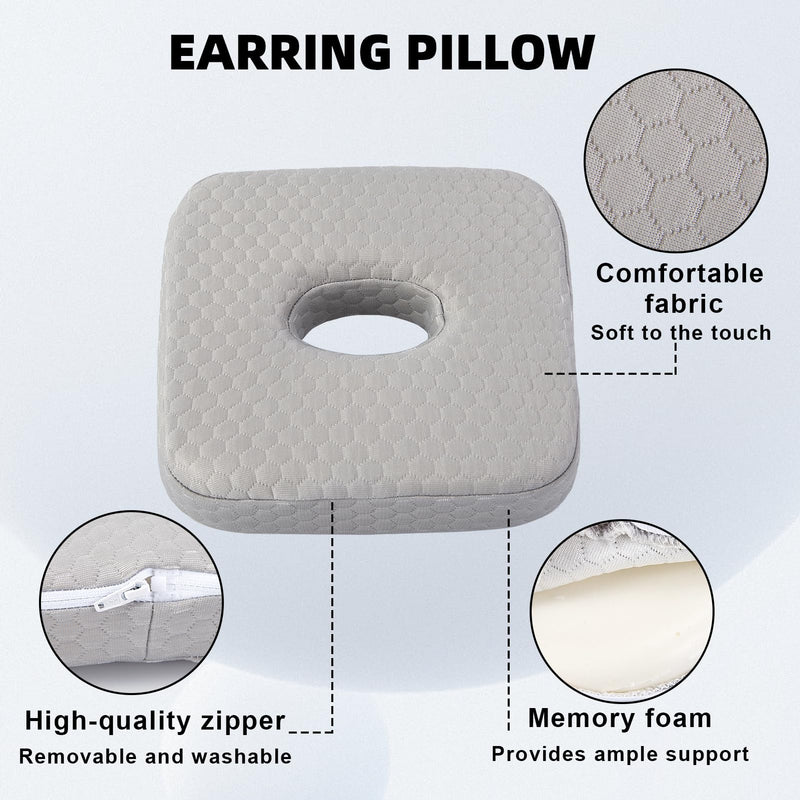 Piercing Pillow for Side Sleepers, Memory Foam Donut Pillow for Ear, Ear Pillows with Holes for Ear Pain, Earring Inflammation Pressure Sores, CNH, Soft and Comfortable Earring Pillow (Gray) Gray