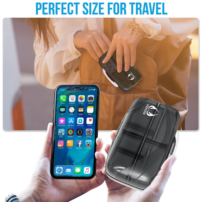 [Australia] - Airtight Pill Organizer Box Large Pill Dispenser Home Travel Essentials Supplement Holder Portable Vitamin Sorter Jumbo Size 8 Compartment Container Daily Medicine Black 