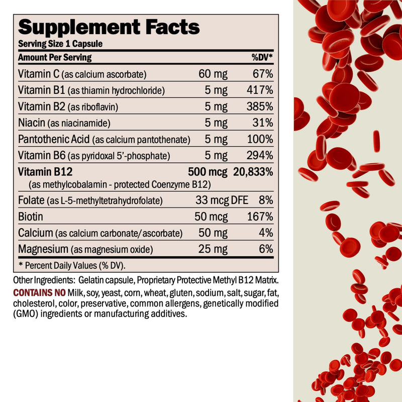 ANDREW LESSMAN ProCaps Vitamin B12 500 mcg with B-Complex 180 Capsules | Absorption-protected Methylcobalamin with B-Complex supports energy, brain, heart and nervous system health. 180 Count (Pack of 1)
