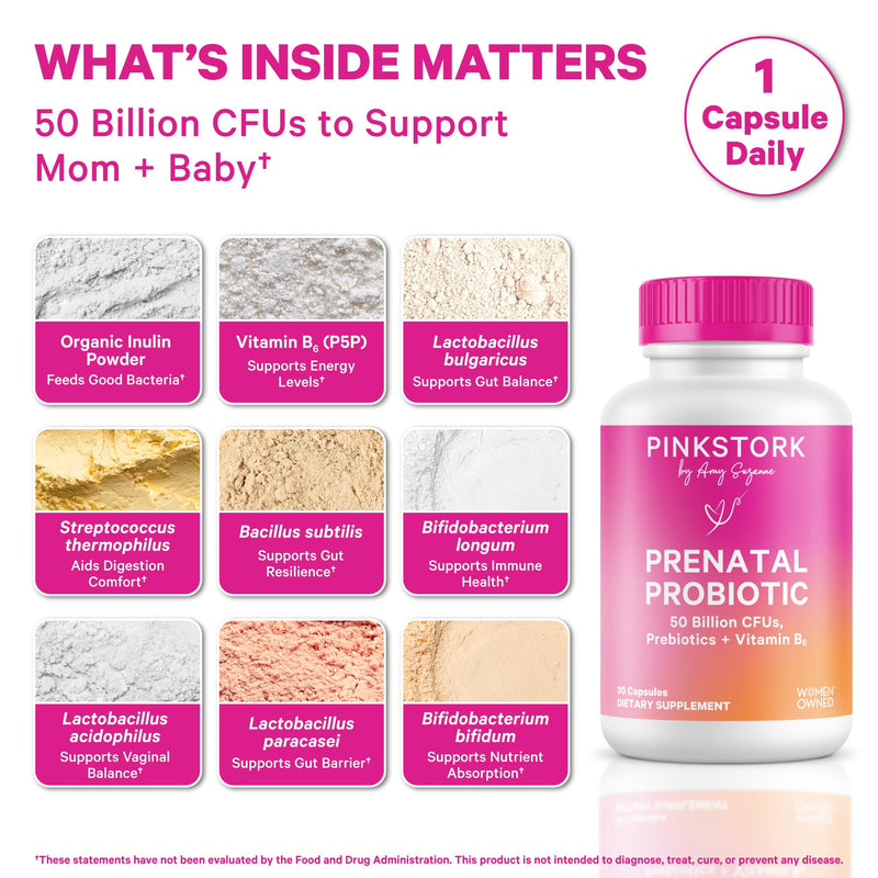 Pink Stork Prenatal Probiotics for Women - 60 Capsules | Vitamin B6, Prebiotics, Morning Sickness Support, Gut Microbiome & Immune Support Unflavored 30 Count (Pack of 2)