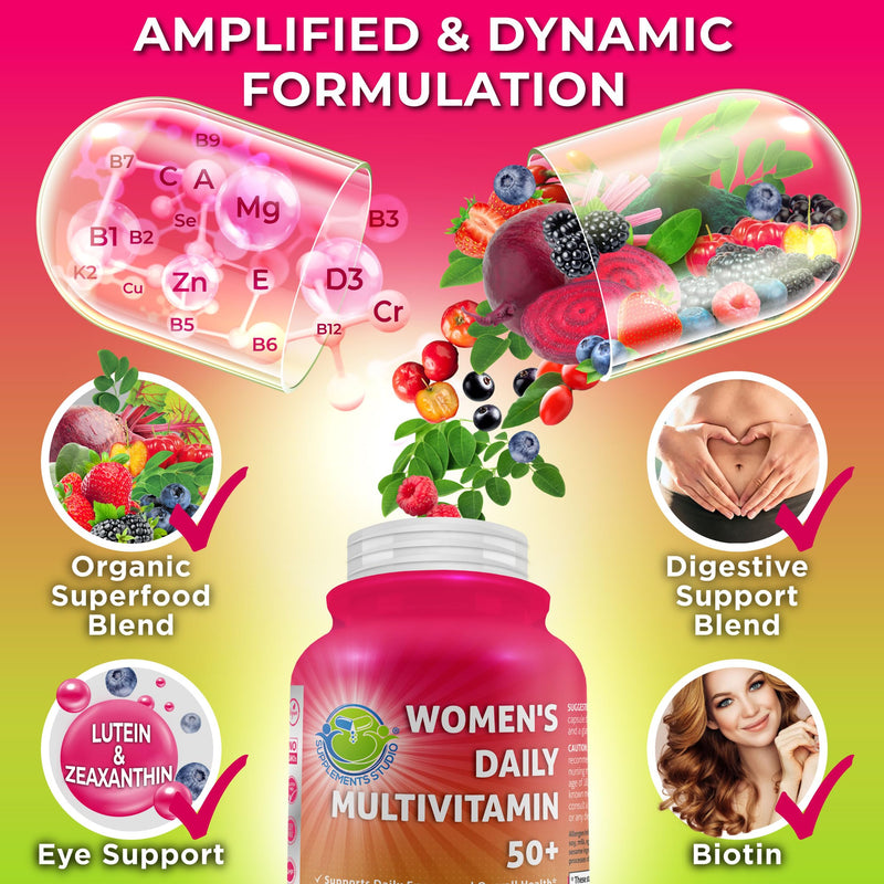 Vegan Methylated Multivitamin for Women 50 and Over - Biotin & Lutein | Women's Daily Multivitamin 50 Plus - Eye, Energy & Digestive Support, Organic Superfoods, Easy-to-Swallow Capsules 60 Count (Pack of 1) Women's 50+ Multivitamin No Iron