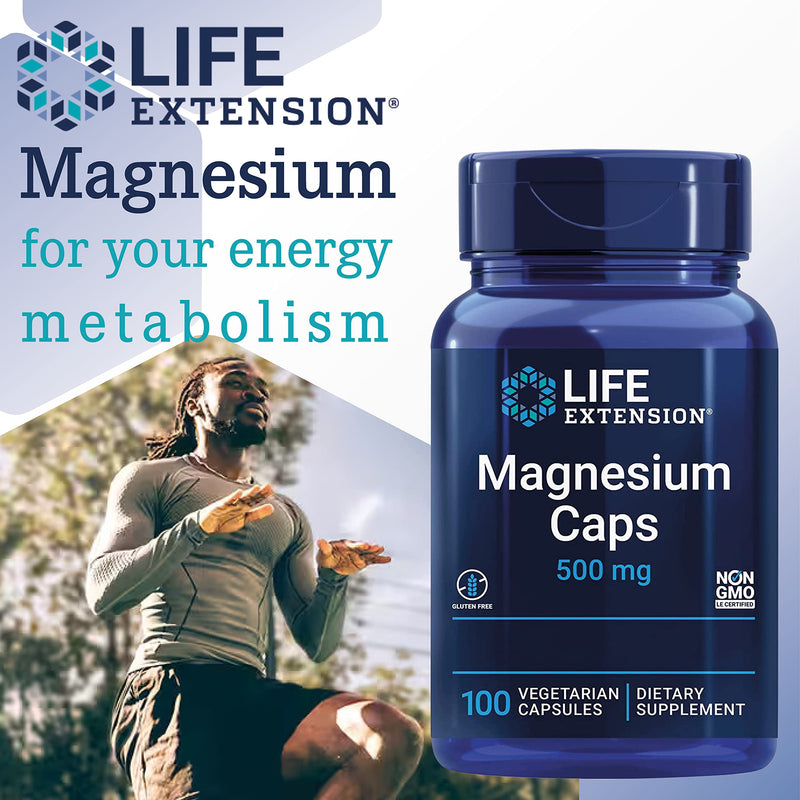 Life Extension, Magnesium Caps, 500mg, 100 Vegan Capsules, high-Strength Minerals Supplement, Gluten-Free, Vegetarian, SOYA-Free, Non-GMO, with Magnesiumcitrate 100 count (Pack of 1)