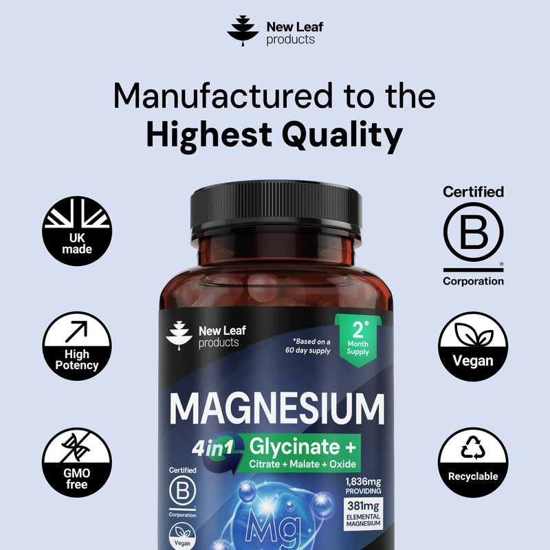Magnesium Glycinate 4-in-1 Complex 1836mg – 381mg Elemental Per Serving – High-Strength Magnesium with Bisglycinate, Citrate, Malate, Oxide – 120 Vegan Capsules – UK Manufactured by New Leaf 120 count (Pack of 1)