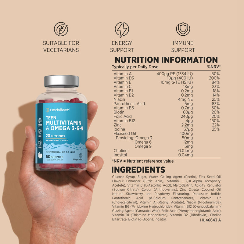 Teen Multivitamin Gummies | 60 Count | 20 Nutrients with Added Omega 3 6 9 | Berry Flavoured Supplement for Teenage Boys and Girls | Vegetarian | By Horbaach