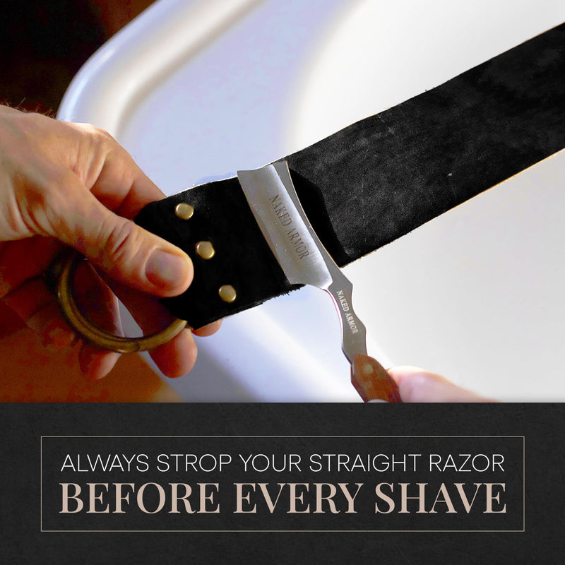 Shaving Leather Strop - Straight Razor Strop, Razor Strop With Elegant Black Leather, Riveted Brass Anchor Hooks, Blue Linen Stropping Belt For Cleaning, Knife Sharpening Strop, Keeps Your Blade Sharp