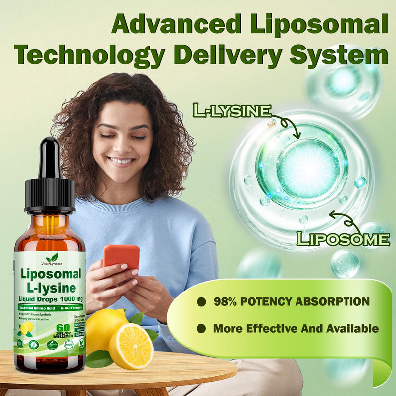 L-Lysine 1000mg Liquid Drops w. Monolaurin Olive Leaf Extract Vitamin C D3 & Zinc, 6-in-1 Essential Amino Acid Supplement for Immune Collagen Lip & Oral Health, Liposomal Lysine for Better Absorption Lemon 2 Fl Oz (Pack of 1)