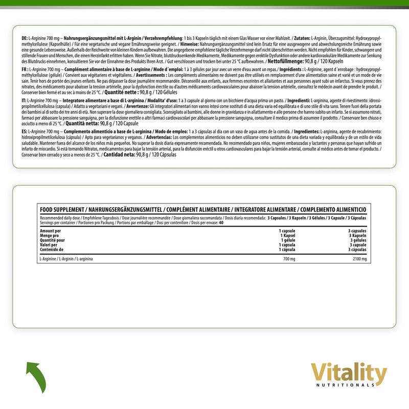 [Australia] - L-arginine high dose 700 mg. Essential amino acid 100% natural from fermentation (120 capsules) High bioavailability & bioactivity. Premium L-Arginine Vitality Nutritionals by VitaminExpress 