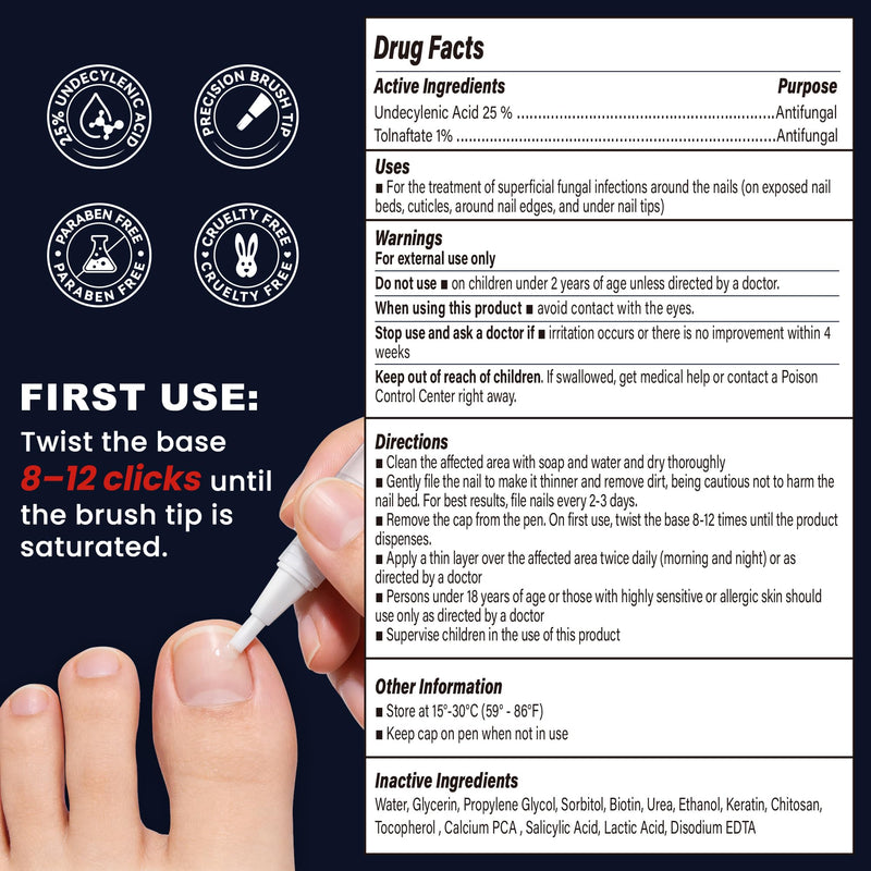 Toenail Fungus Pen: 25% Undecylenic Acid & 1% Tolnaftate for Clear Nails | EXTRA STRENGTH / DUAL-POWER / COMPLETE KIT