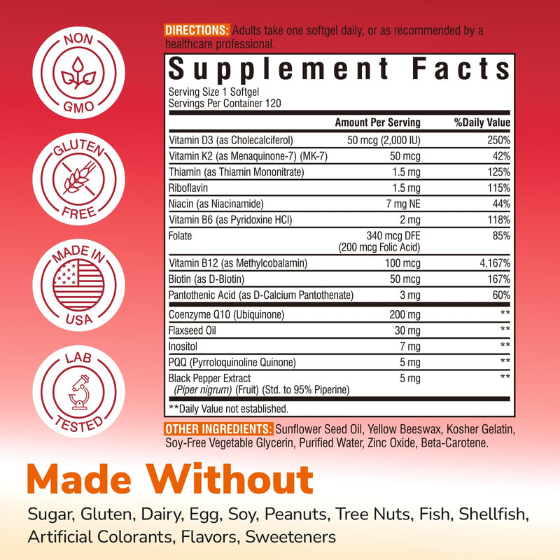 Vitalibre CoQ10 200mg, Ubiquinone with PQQ, Folate, Niacin, K2, D3, Black Pepper, High Absorption, Powerful Antioxidant, Energy Booster, Immune & Bone Support, 120 Softgels, 4 Month Supply