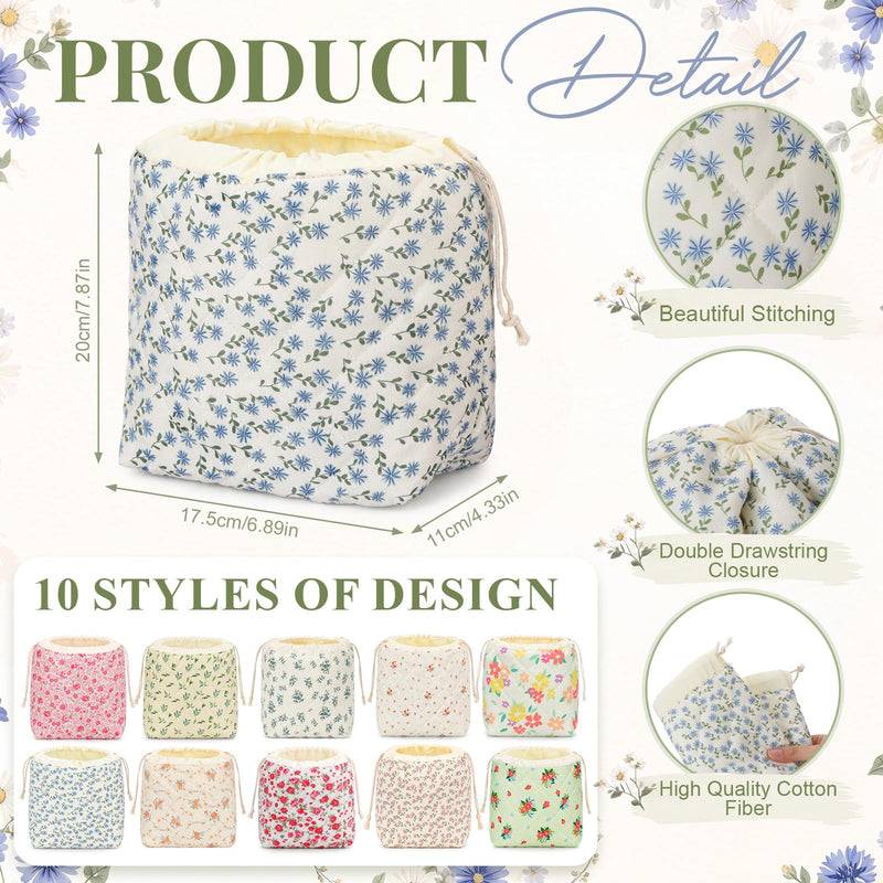 Kacctyen 10 Pcs Cotton Quilted Drawstring Makeup Bag Bulk, Floral Coquette Aesthetic Cosmetic Pouch Set with Canvas Lining, Boho Travel Toiletry Organizer, Bridesmaid Gifts for Women Girls