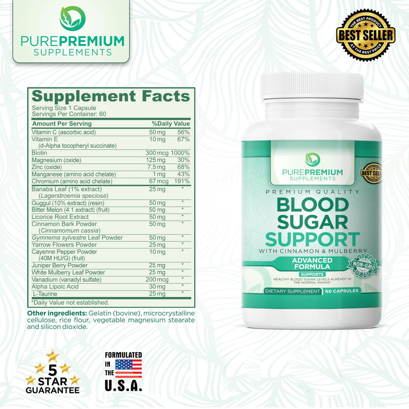 [Australia] - PurePremium Supplements - Advanced Formula to Support Normal Blood Sugar Levels with Cinnamon & Mulberry Extract - All Natural Herbal Health Support with Cinnamon - 2 Months Supply - 60 Capsules 1 Count (Pack of 60) 