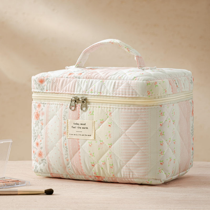 HBselect Quilted Makeup Bag, 3Pcs Cotton Large Travel Makeup Bags Organizer | Cute Floral Make up Bag Cosmetic Bag Toiletry Bag for Women Girls, Makeup Pouch for Skincare, Brushes & Travel Essentials A-3PCS-Floral 46