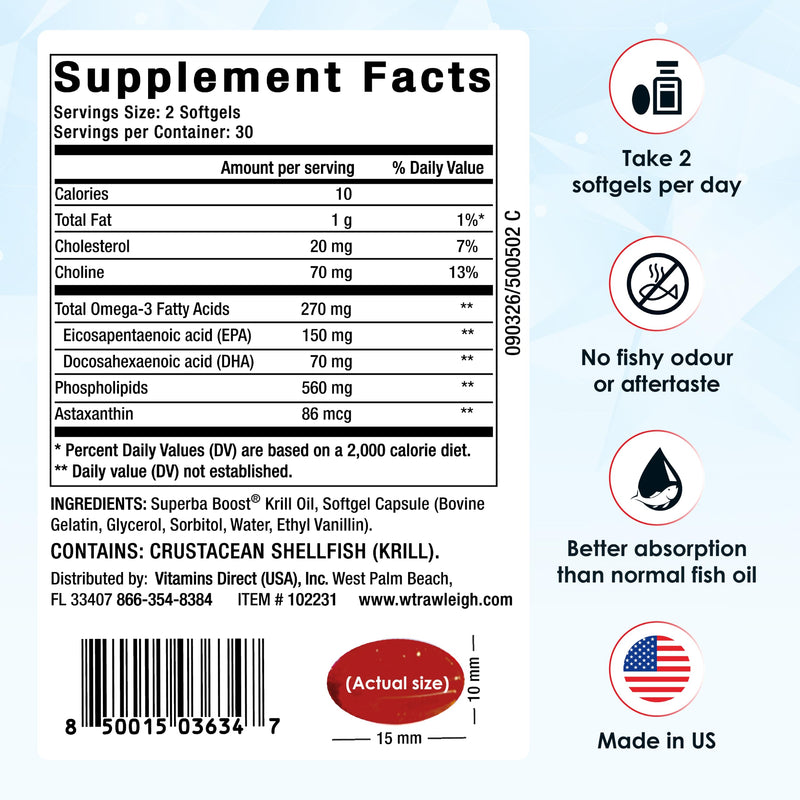 Rawleigh Superba Boost® Antarctic Krill Oil 1000mg | No Fishy Aftertaste | High Absorption Omega-3 EPA & DHA with Phospholipids & Astaxanthin – Supports Heart, Brain & Joint Health – (60 Softgels)