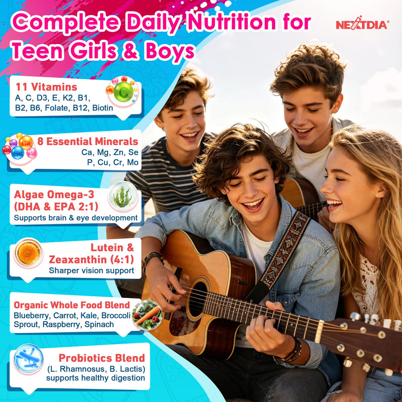 Teen Methylated Multivitamin Gummies + Algae Omega 3, Superfoods, Probiotic | Boys Girls 12-19, Vitamin A C D3 K2 B Complex, Calcium Magnesium Zinc for Bone, Brain, Immune & Gut Support, No Sugar, 2 Pack