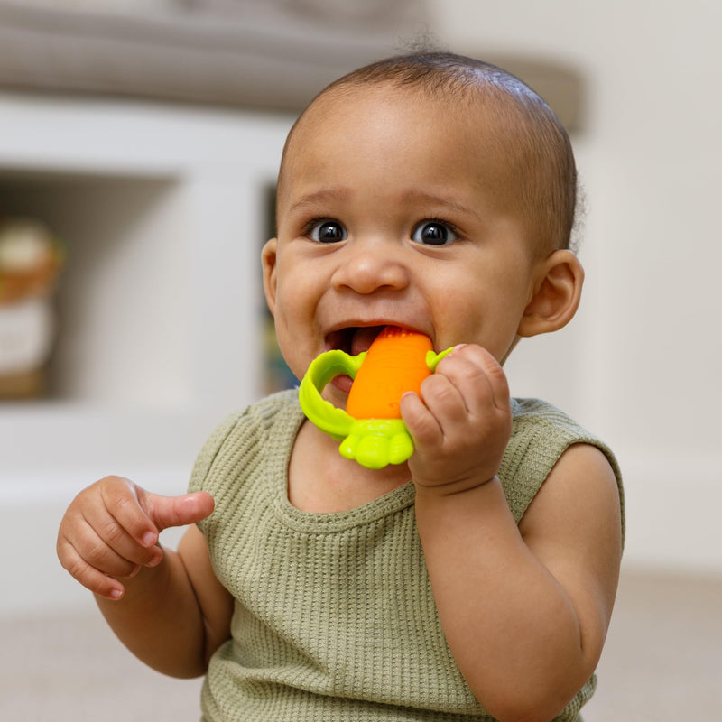 [Australia] - Infantino Lil' Nibbles Textured Silicone Baby Teether - Sensory Exploration and Teething Relief with Easy to Hold Handles, Orange Carrot, 0+ Months 