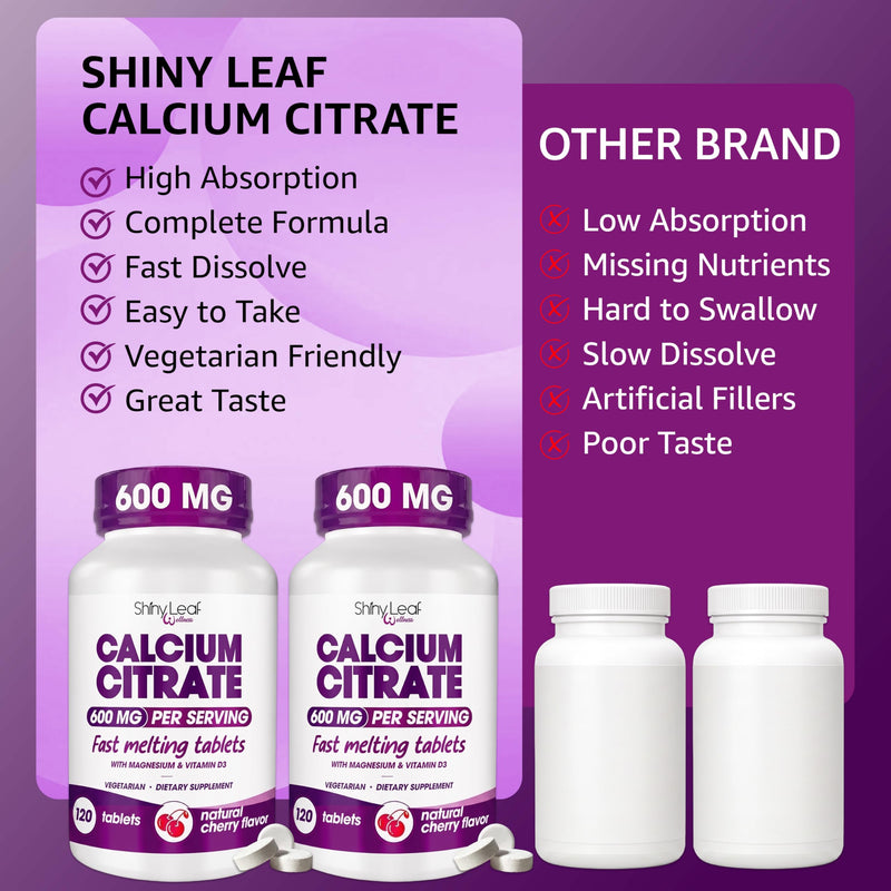 Shiny Leaf Calcium Citrate 600 mg with Magnesium & D3, Cherry, 2 x 120 Ct | Bariatric calcium citrate fast dissolve tablets with magnesium and vitamin D3. High absorption, non chalky, cherry flavor 120 Count (Pack of 2)