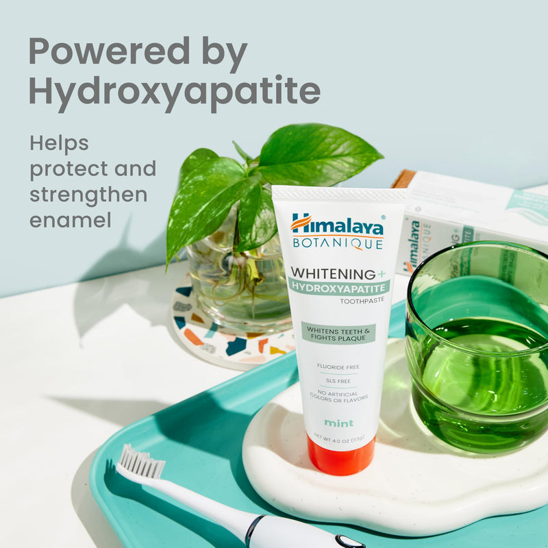 Himalaya Botanique Whitening+ Hydroxyapatite Toothpaste, Mint, 4 oz, Pack 4 | Nano Hydroxyapatite Toothpaste, Support Enamel Strength & Integrity,Great for Sensitive Teeth, Fluoride Free,SLS Free & Vegan 4 Ounce (Pack of 4) Adult Mint