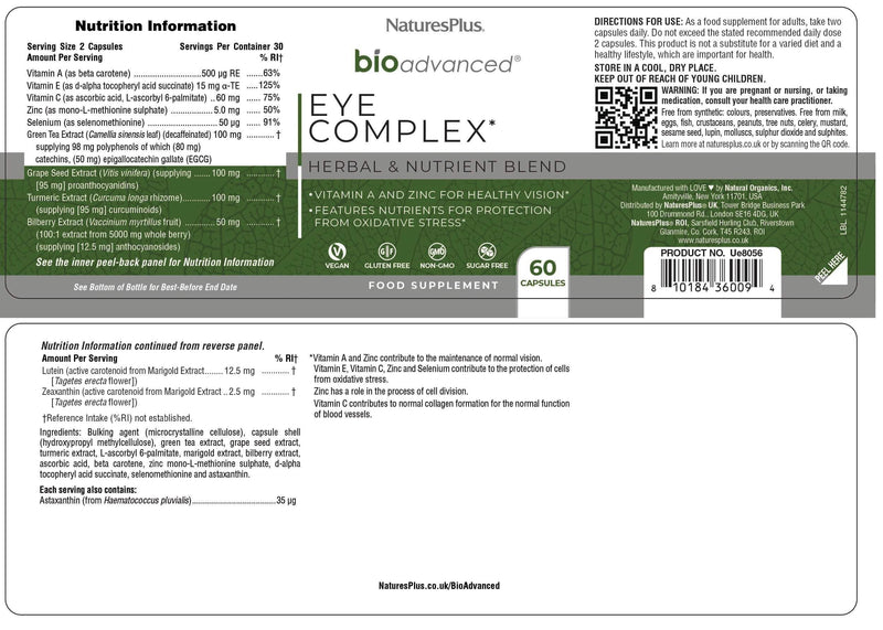 NaturesPlus Bio Advanced Eye Complex - Vision and Eye Supplement, Tired and Dry Eyes, Blue Lights, Antioxidants - Lutein, Vitamin A, C, E, Zinc, Botanicals - Vegan, Gluten-Free - 60 Capsules