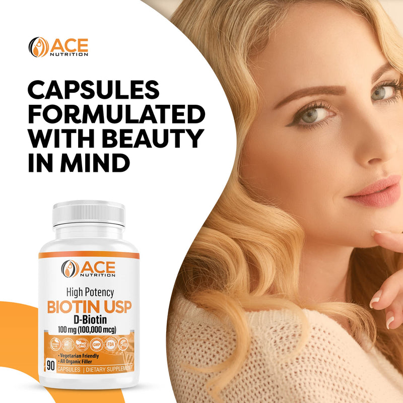 High Potency Biotin USP (D-Biotin 100,000mcg) - Superior Biotin, Organic Rice Flour, Vegetarian Capsules For Hair, Skin, & Myelin Health, Made in the USA (100mg/90 Capsules) 1
