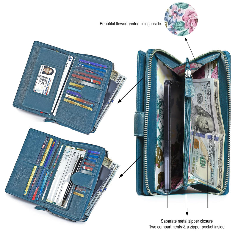 Big Fat RFID Blocking Leather Organizer Checkbook Wallets For Women - Clutch TEAL BLUE