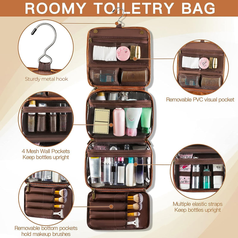Elviros Hanging Toiletry Bag for Men Travel Essentials Hanging Shaving Dopp Kit PU Leather with Separate Compartments for Grooming and Toiletries Water Repellent Organizer Gift for Dad