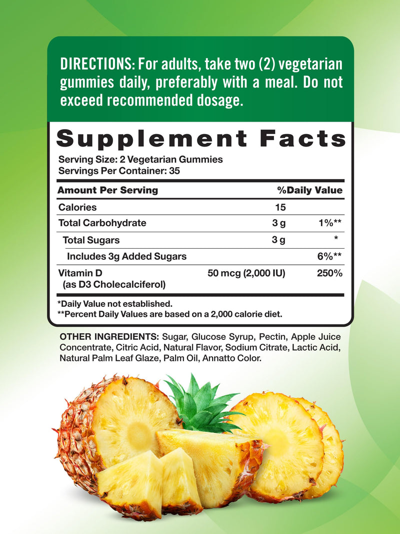 Nature's Truth Vitamin D3 Gummies | 2000 IU | 70 Count | Pineapple Flavor | Vegetarian, Non-GMO and Gluten Free Supplement 70 Count (Pack of 1)