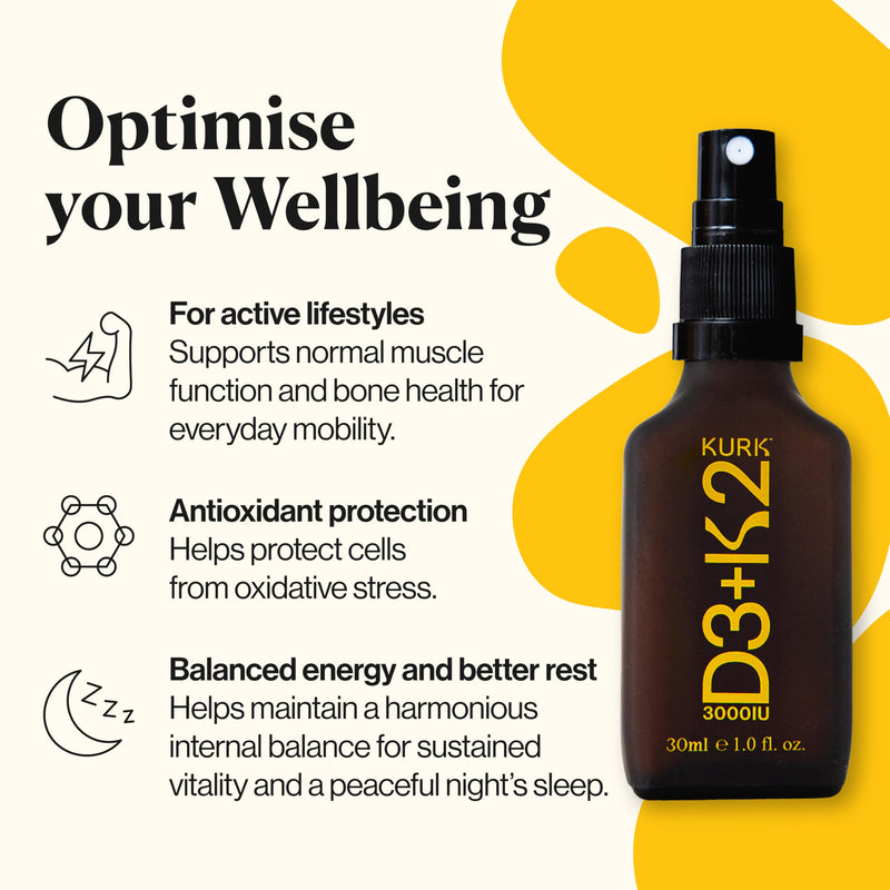 KURK Vegan Vitamin D3 K2 Spray for Everyday Wellness and Normal Muscle Function, Delivers Vitamin K2 MK-7 and 3000IU D3, Plant Based with Natural Ingredients, Refreshing Mint Taste (30ml)