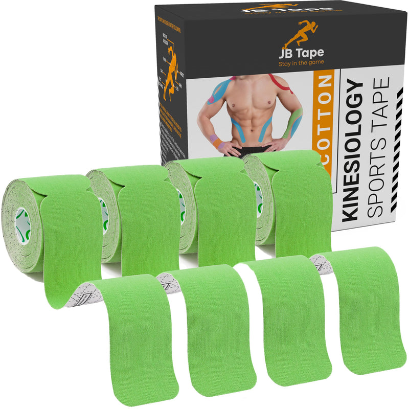 [Australia] - JB Tape Kinesiology Tape – 80 Precut 10-Inch Strips – Green – Elastic, Latex-Free, Water Resistant – Athletic Muscle & Joint Support – 4 Rolls Kelly Green 