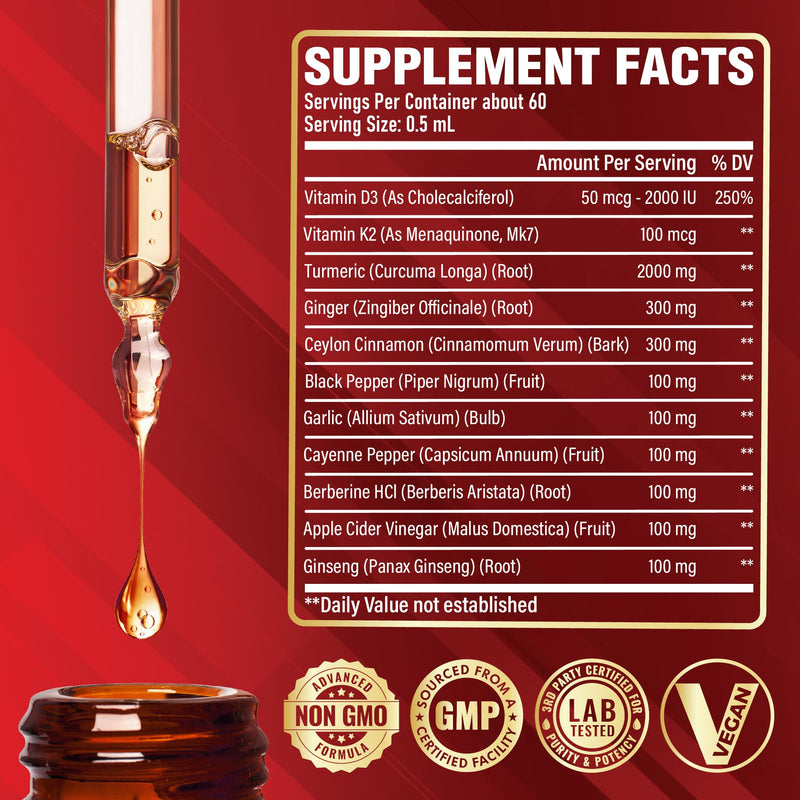 11in1 Liquid Turmeric Supplement for Immunity, Heart & Energy – with Vitamin D3, K2 MK7, Ginger, Garlic, Ceylon Cinnamon, Berberine, Ginseng, Apple Cider Vinegar – 30ml Drops – 60 Servings