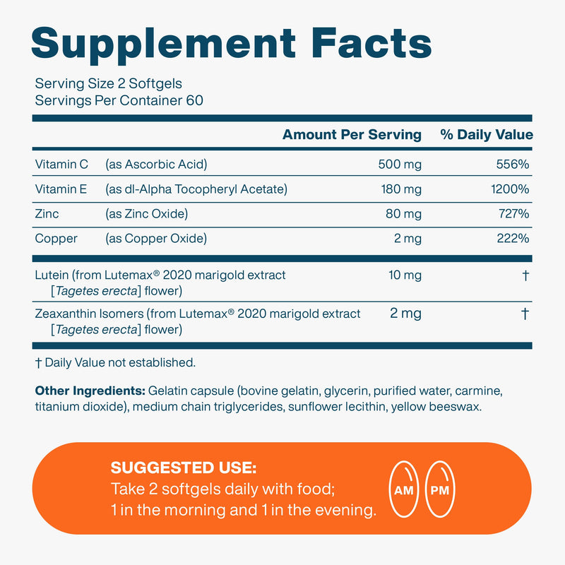 VISION PROTECTION AREDS 2 Eye Vitamin & Mineral Supplement for Ocular Health, Natural Eye Institute AREDS 2 Study Formula with Lutein, Vitamin C, & Zeaxanthin, 120 Mini Softgels 120 Count (Pack of 1)