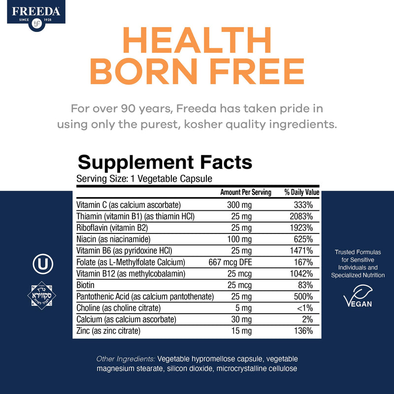 FREEDA Vitamin B Complex with Vitamin C & Zinc – 180 Capsules | Supports Energy & Metabolism with Active B12, Methylfolate, B1–B6, Biotin, Choline - Vegan, Kosher, SCD Legal 180 Count (Pack of 1)