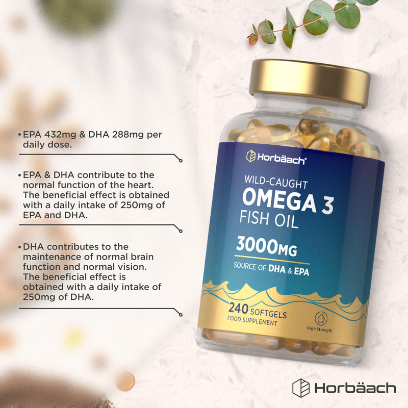 Omega 3 Capsules High Strength Fish Oil | 3000mg | 240 Count | Wild-Caught Fatty Acid Supplement Providing EPA and DHA | By Horbaach