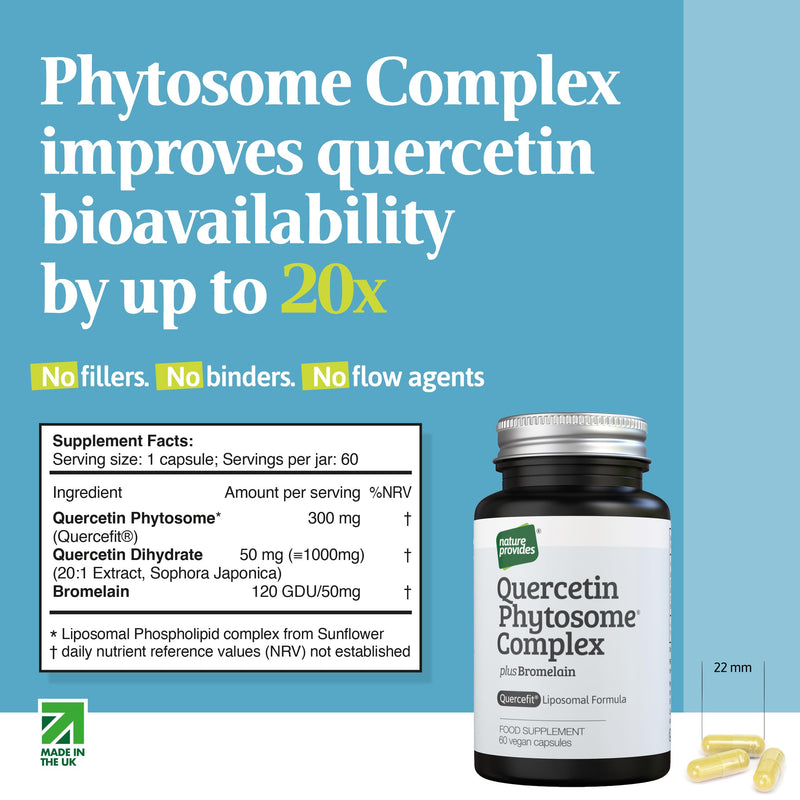 Nature Provides Quercetin Phytosome (Quercefit) Complex with Bromelain - 60 Vegan Capsules - 350mg High Strength Quercetin Supplement - Up to 20X Absorption - Pure, Non-GMO, UK Made